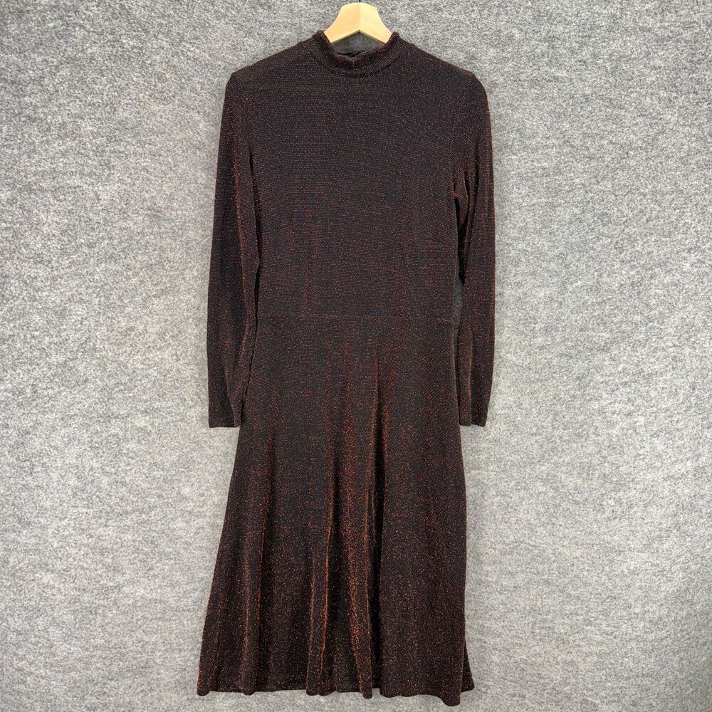 H&M Dress Women M Medium Black Shift Midi Zipper Lined Metallic Long Sleeve